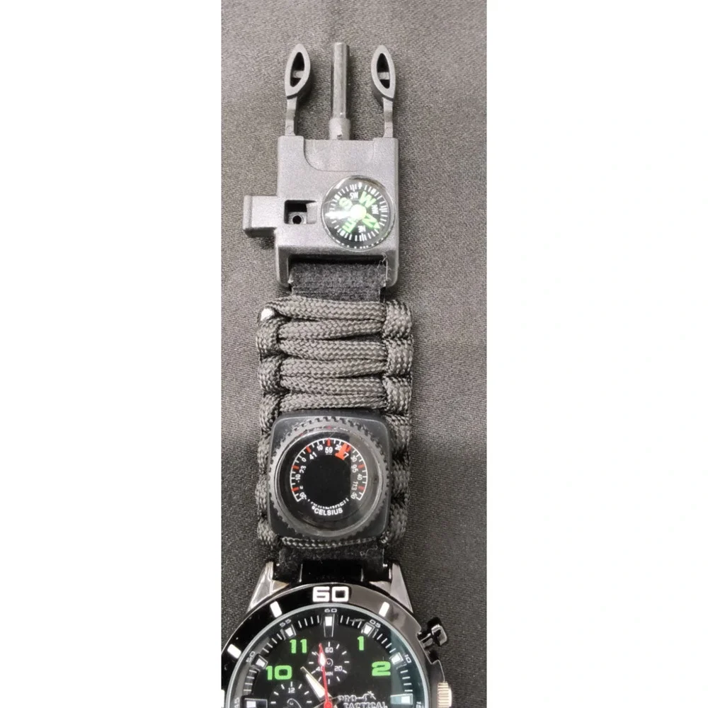 Pro-4 Tactical Survival Watch Paracord Whistle Compass Fire Starter Black #W5143